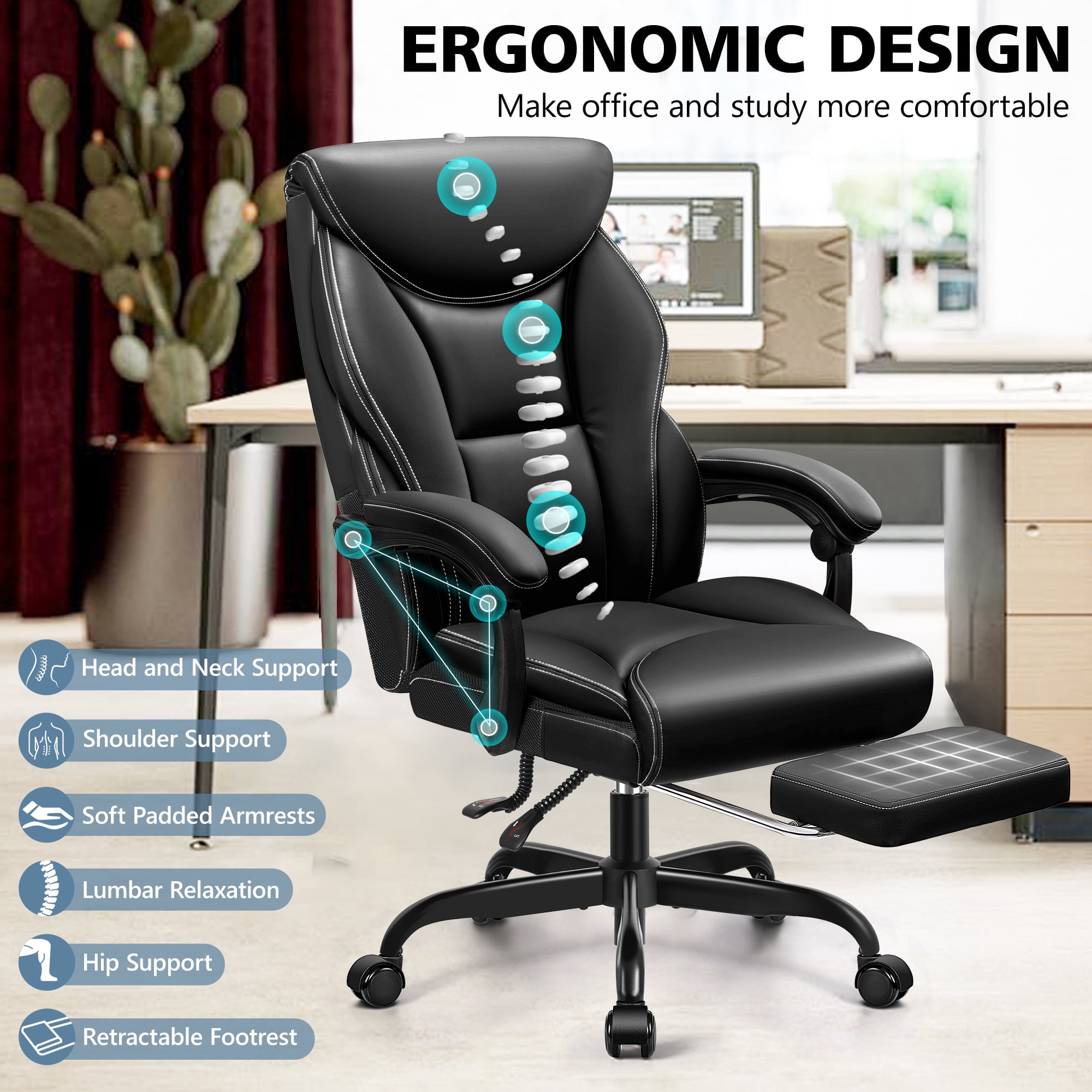 ATHOPE Executive Office Chair, 500lbs Big and Tall Leather Desk Chair with Footrest, Adjustable Height, Ergonomic Computer Chair with Lumbar Support For Home Office, Black