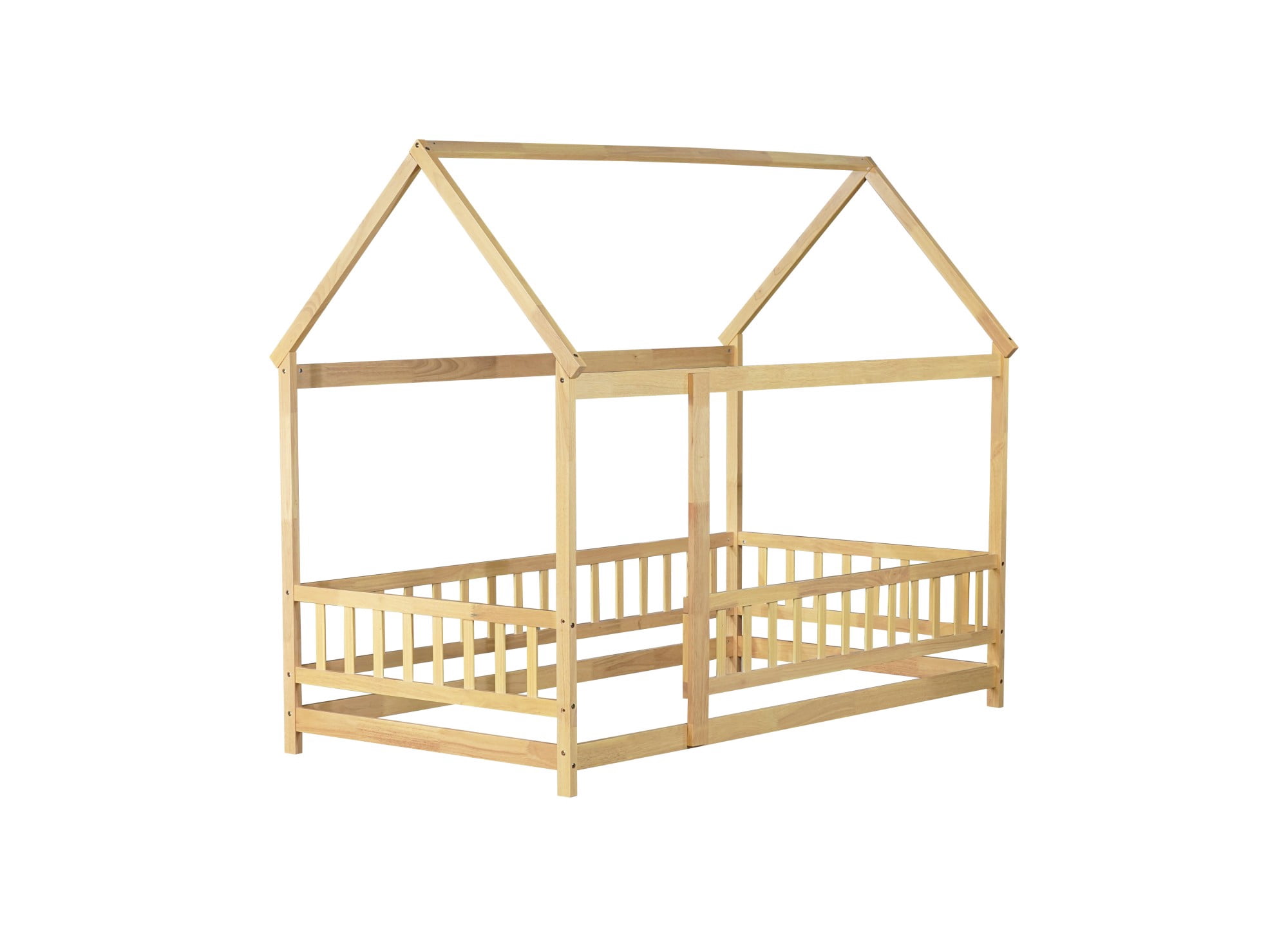 Aukfa Twin Size House Bed with Roof, Wood Floor Bed Frame with Fence for Kids Toddler, Natural