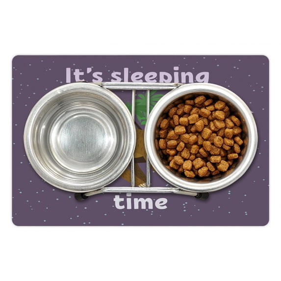 Sloth Pet Mat for Food and Water, Cartoon Character Sleeping on Branch Jungle Animal in Night Sky Kids Theme, Non-Slip Rubber Mat for Dogs and Cats, 18" X 12", by Ambesonne
