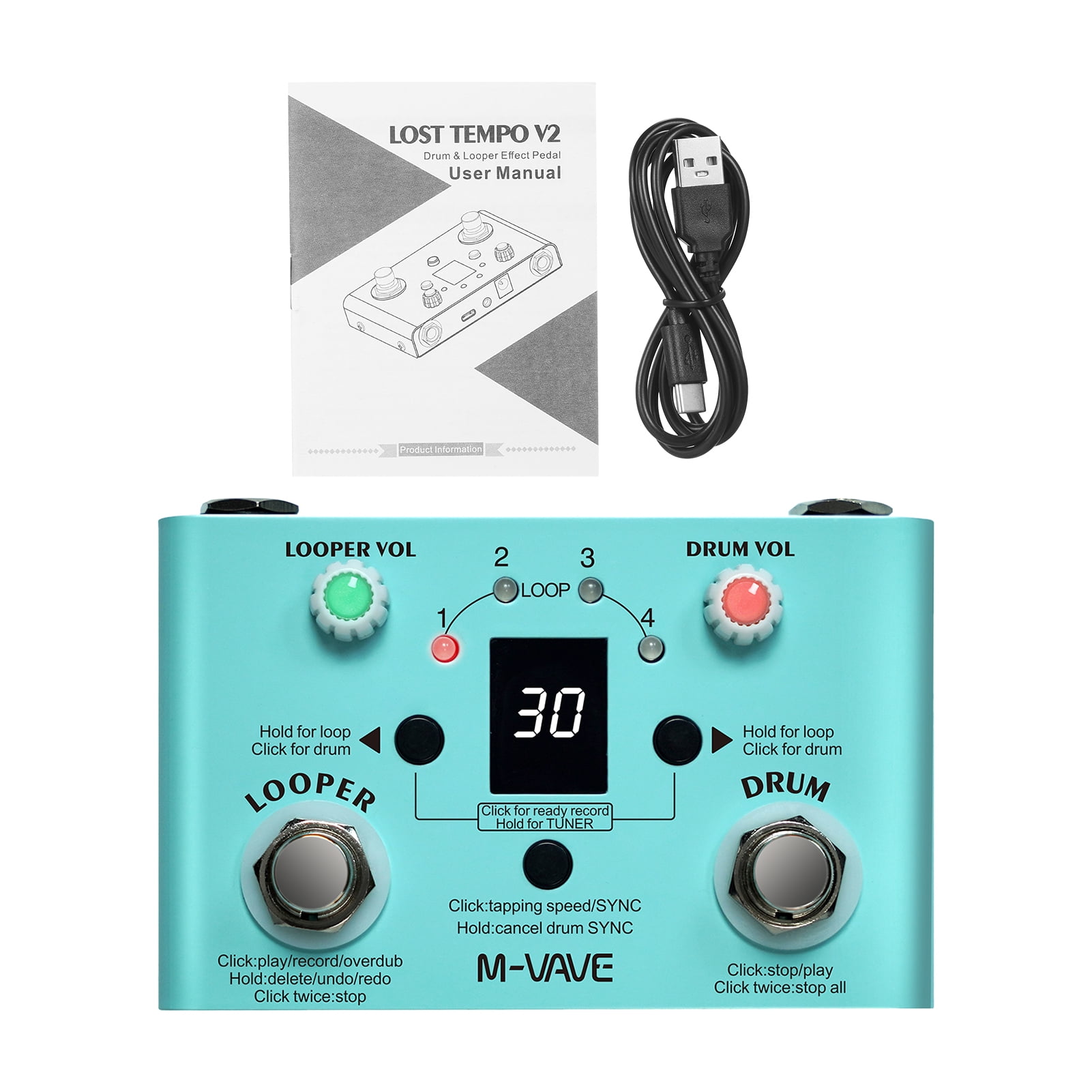 VAVE Effect maker,30 Drums 4 Looper Pedal Tuner Adjustable Speed Pedal Drum Tempo 2-in-1 Looper Drum Drums 4 Loops Looper 2-in-1 Looper Precision Tuner Adjustable Drum Looper Loops Precision Tuner