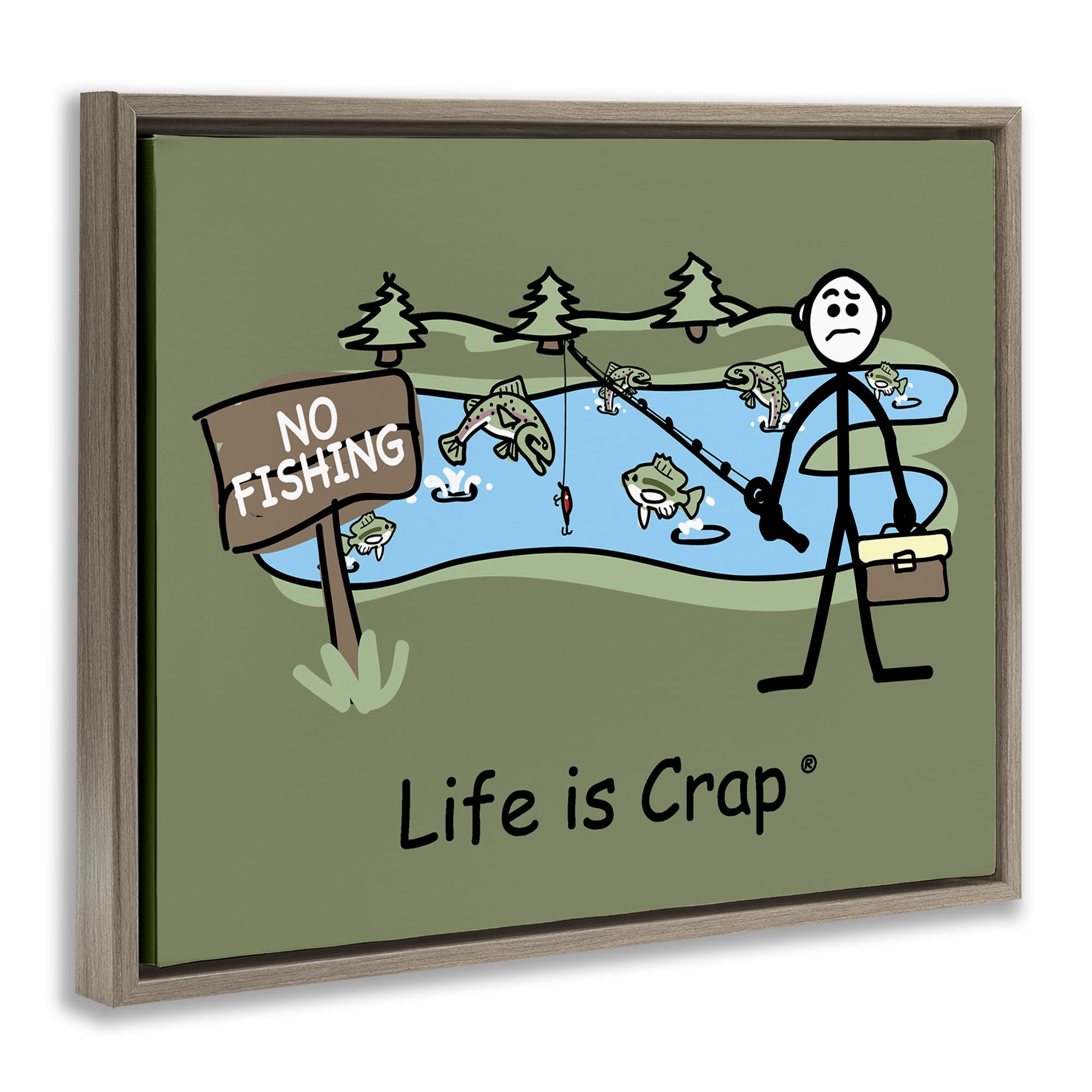 Stupell Industries No Fishing at Pond Novelty & Humor Painting Brown Floater Framed Canvas Art Print Wall Art, 31 x 25