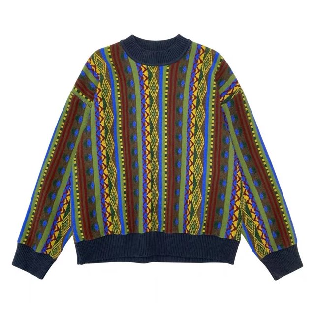 Pull Rétro Imprimé Coloré pour Hommes Nouveau 2024 Bloc de Couleur Tendance Hip Hop Col Rond Haut Tricoté Décontracté Surdimensionné
