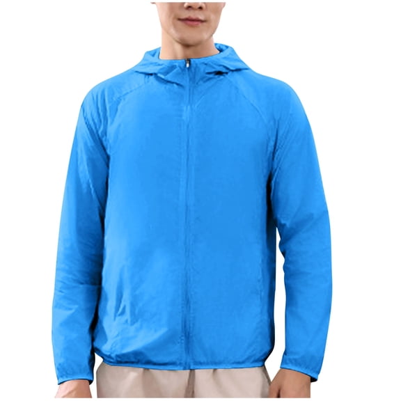 Xfvqtps Mens Light Jacket Hoodie Full Zip up Sun Protection Long Sleeve Solid Color Breathable Summer Coat for Fishing Hiking Athletic Running Blue