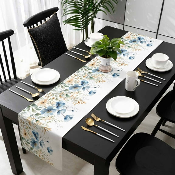 Blue Floral Cotton Linen Small Table Runner 13 x 48 inch Sage Green Leaf Wildflowers Botanical Plants Non-slip Rectangular Dining Table Decor for Wedding Party Holiday Dinner
