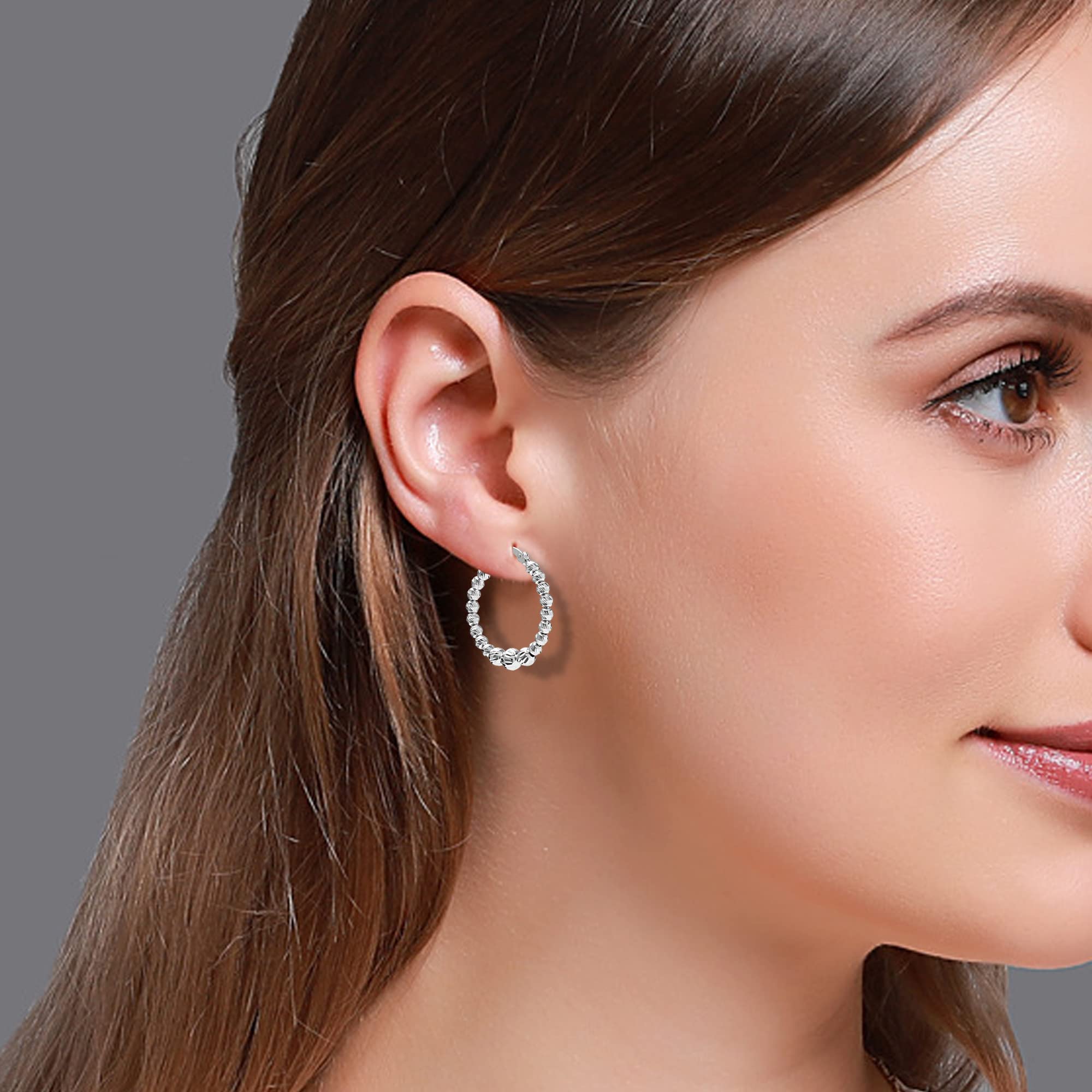 LeCalla 925 Sterling Silver Light-Weight Round Diamond-Cut Earring Hoops Jewelry Click-Top Bead Ball Diamond Cut Hoop Earrings for Women 25MM