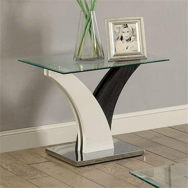 Bowery Hill Contemporary Glass Top End Table in White and Gray