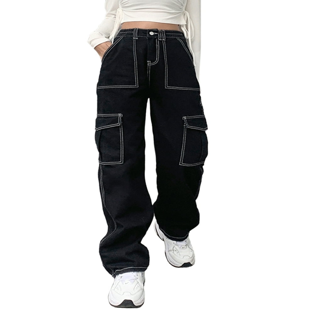 Women Y2K Baggy Jeans Straight Wide Leg Pants Stitching High Waist