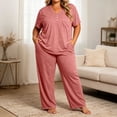 thumbnail image 2 of yillto Plus Size Women Pajamas Sets Wide Leg Loose Lounge Pant and Short Sleeve Tops Sleepwear Pjs XL-5XL, 2 of 5