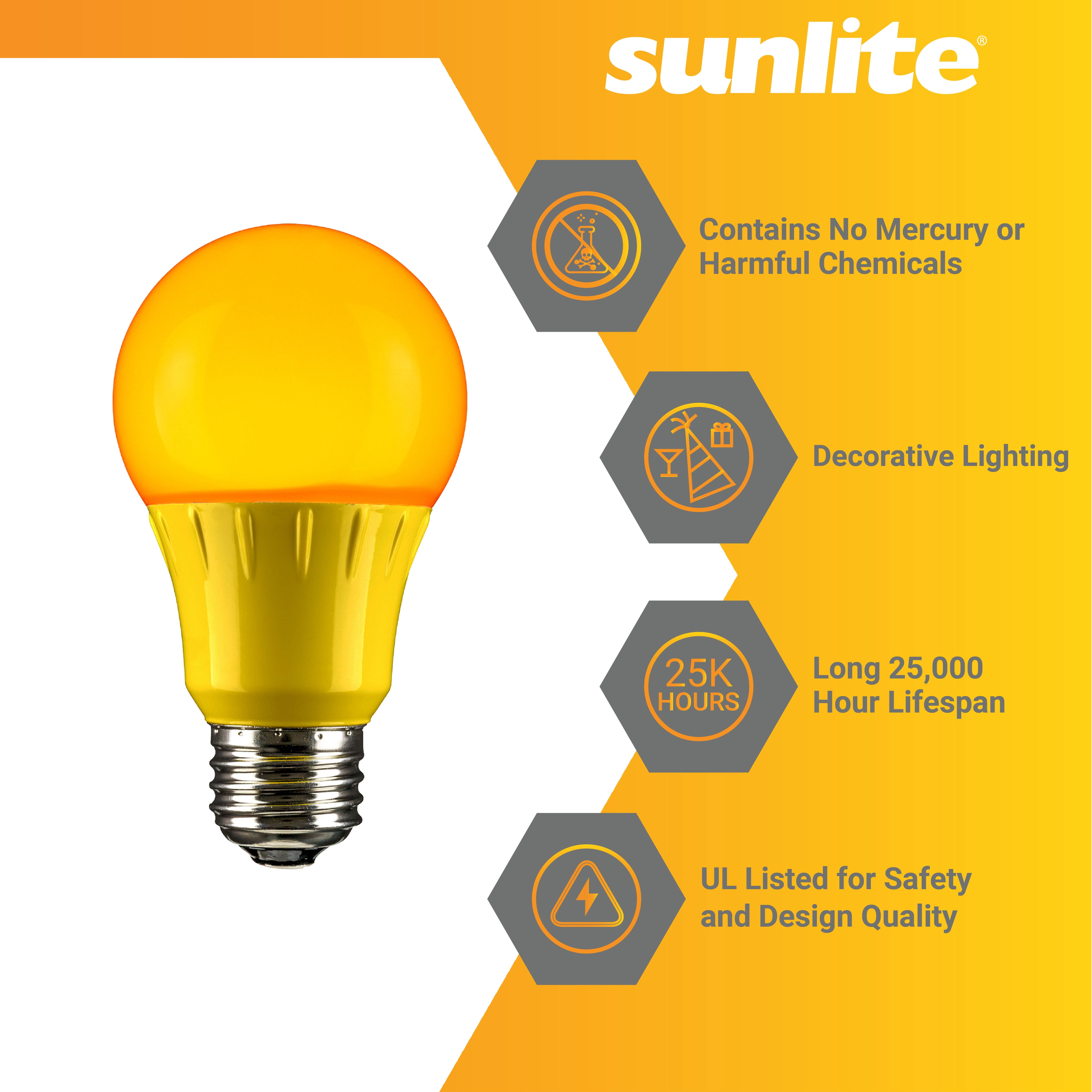 Sunlite LED A19 Colored Light Bulb, 3 Watts (25w Equivalent), E26 Medium Base, Non-Dimmable, UL Listed, Party Decoration, Holiday Lighting, Amber, 6 Pack