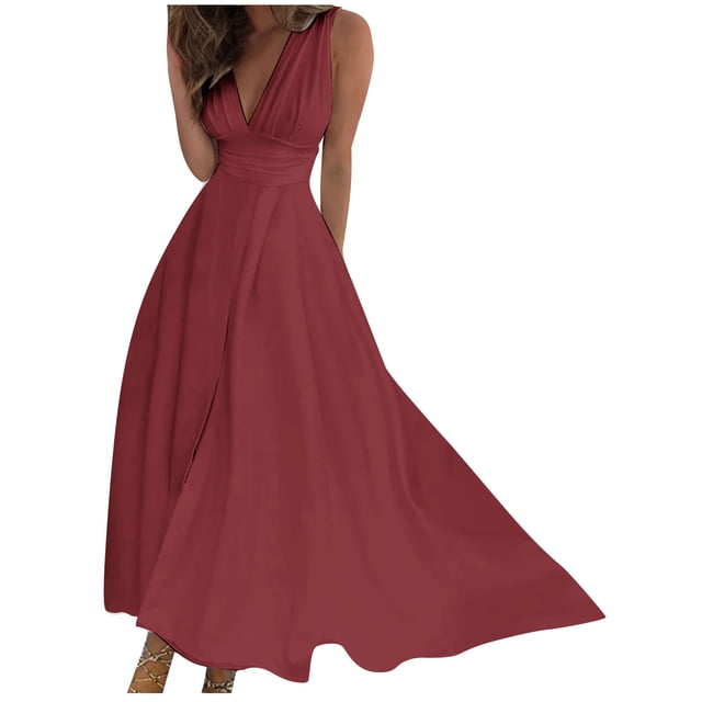 AherBiu Formal Dresses for Women Sleeveless Deep V Neck Ruched Flowy Evening Party Cocktail Maxi Dress
