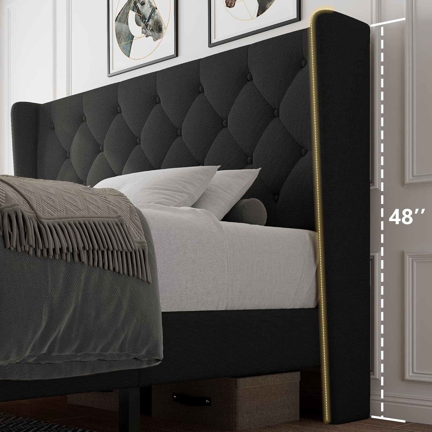 iPormis Queen Size Bed Frame with Diamond Button Tufted Wingback Headboard, Upholstered Platform Bed Frame with Strong Wood Slat Support, No Box Spring Needed,Black