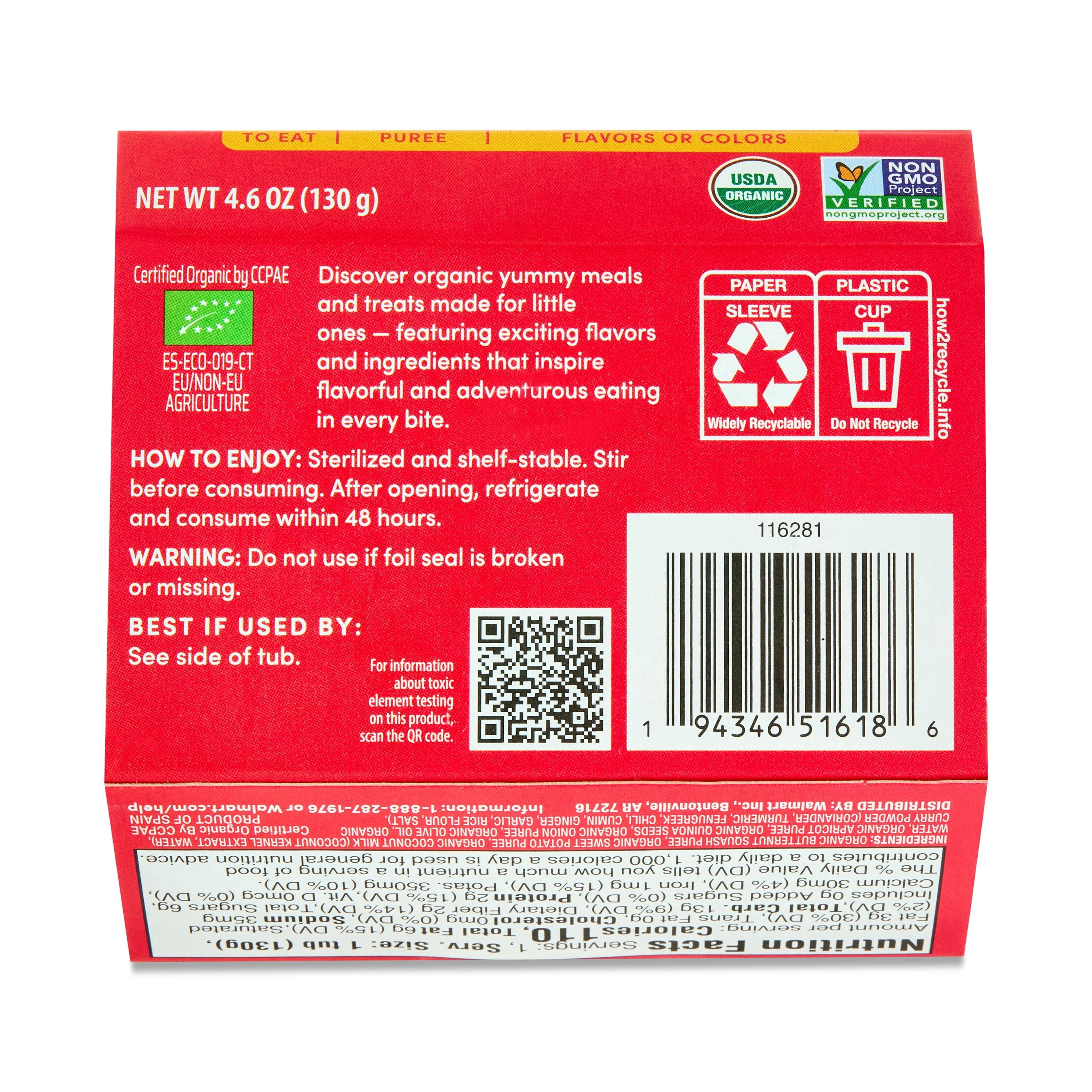 (6 pack) bettergoods Organic Stage 4 Baby Food Asian-Style Coconut Curry with Squash, Sweet Potato, Apricot, and Quinoa, 4.6 oz Tub