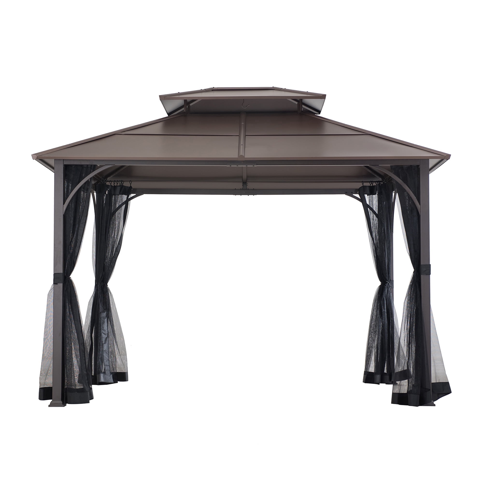 Sunjoy Outdoor Hardtop Gazebo 10 x 12 ft. Steel Frame Gazebo, 2 Tiered Metal Gazebo with Ceiling Hook and Mesh Netting, Brown