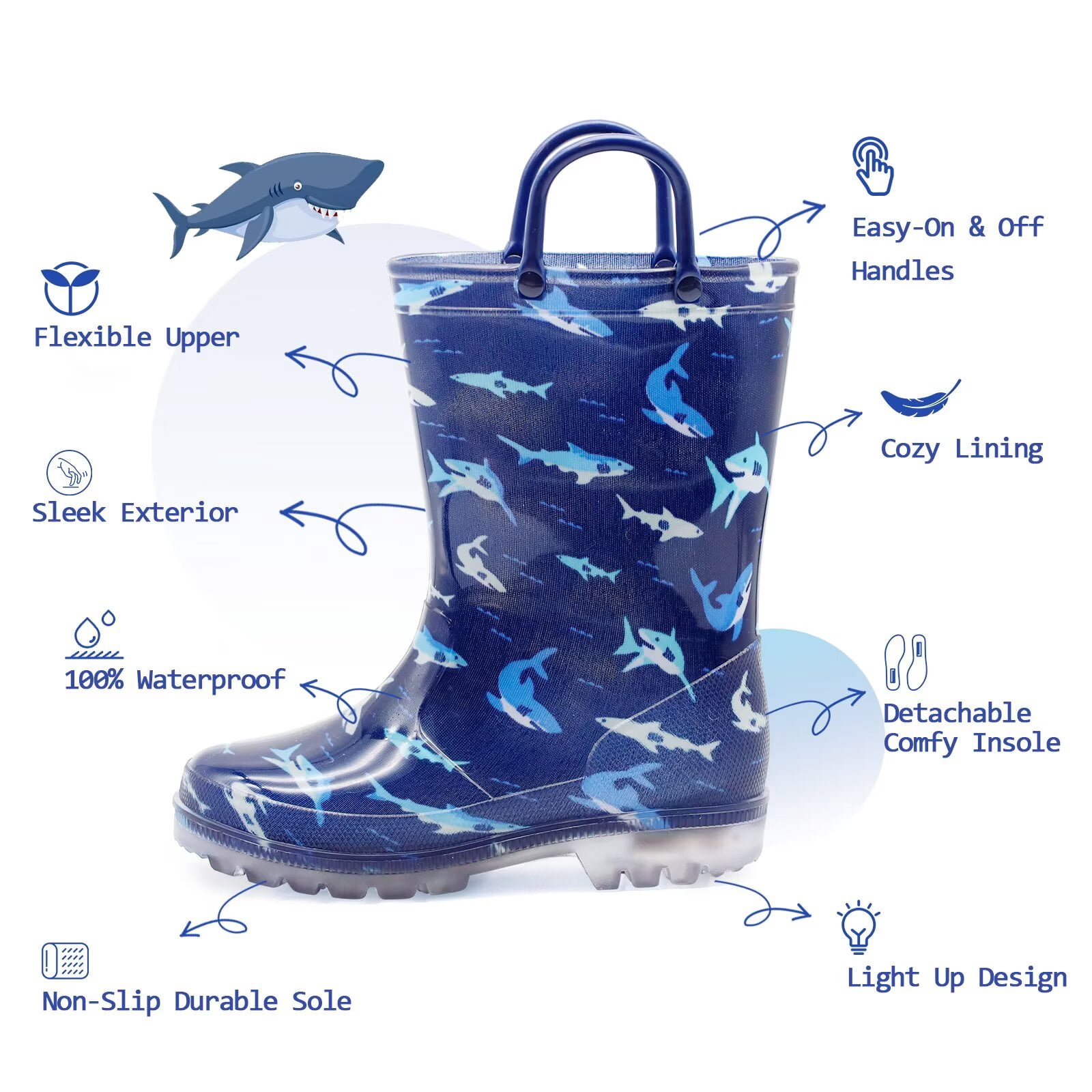 EUXTERPA Toddler Kids Light Up Rain Boots Boys Shark Waterproof Boots Little Kid Size 11