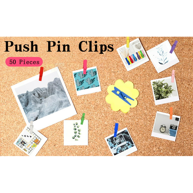 50 PCS Colorful Push Pin with Wooden Clips, Durable Wooden Push Pins,  Decorative Pushpins Tacks Thumbtacks, Tacks for Cork Board Artworks Notes  Photos, Craft Projects, Offices and Homes (8 Colors) : 