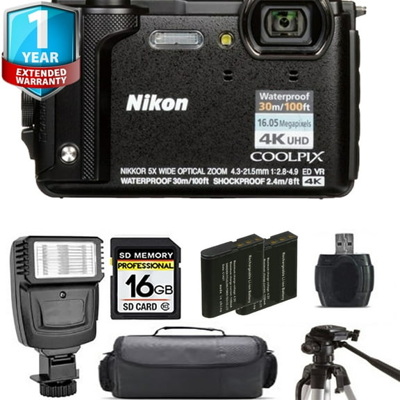 Nikon COOLPIX W300 Camera (Black)   Extra Battery   Flash  1 Yr Warranty (International Version)