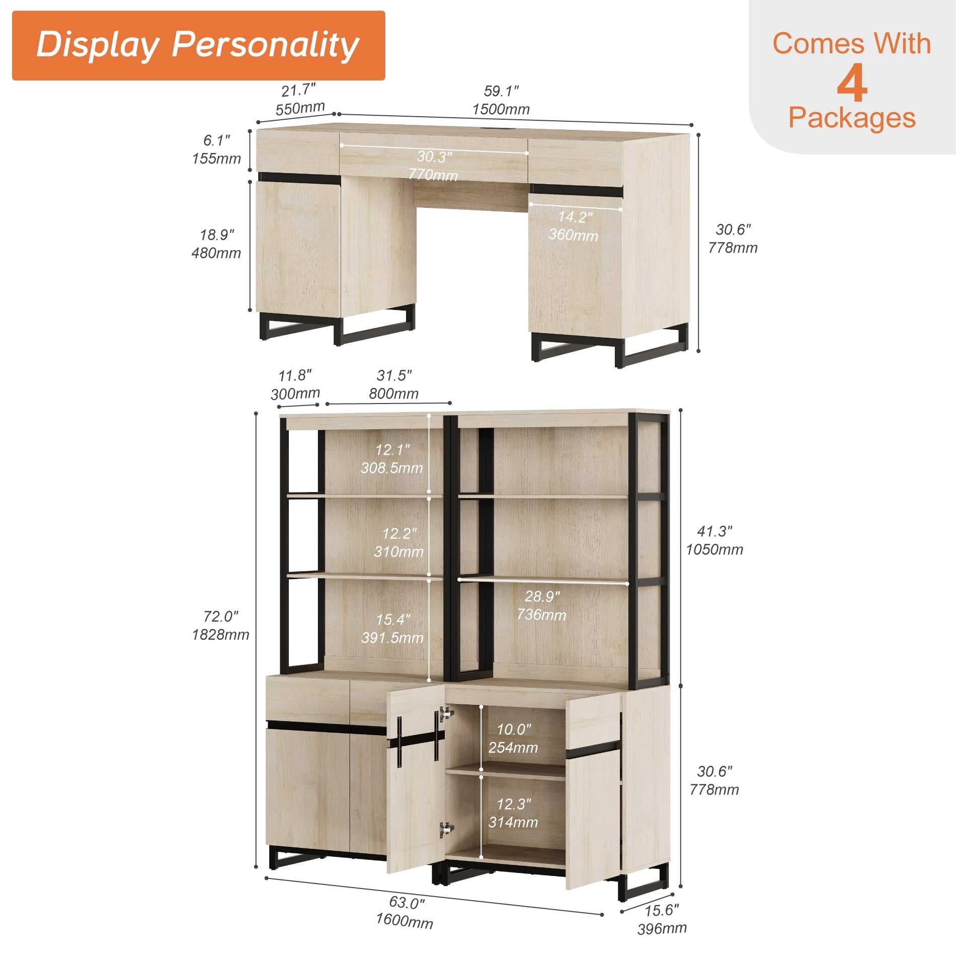 WAMPAT Home Office Set: 59" Modern Desk with Charging Station and Storage Cabinet, 72" Tall Bookcases with Adjustable Shelves, Wood Computer Desk and Library Storage Cabinet for Work Study, Beige