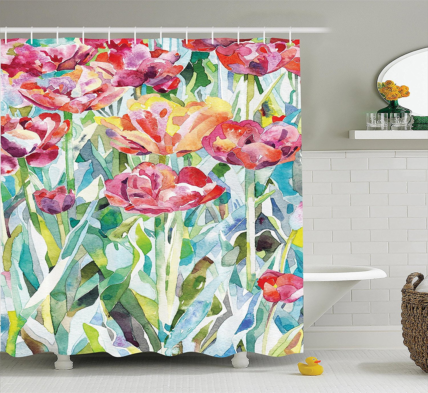 Watercolor Flower Decor Shower Curtain Set By , Original Painting Of