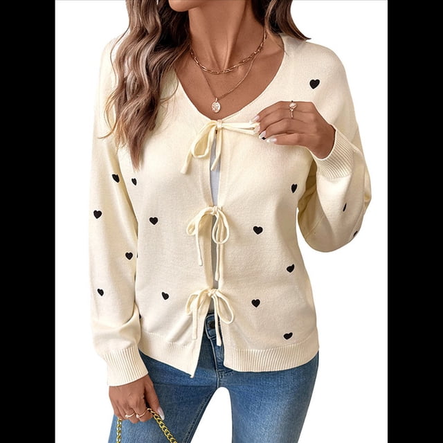 Suéter Tipo Cárdigan con Lazo en la Parte Delantera y Estampado de Corazones para Mujer, Prenda Exterior de Punto de Larga. Albaricoque L
