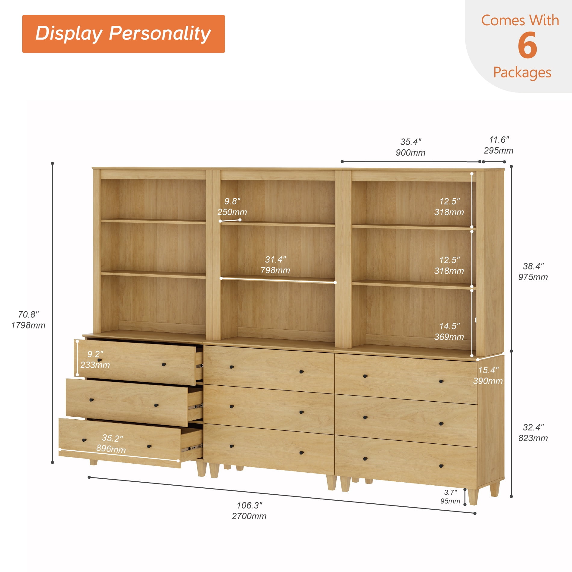 Modern 71" Tall Bookcase with 9 Drawers, 3 Columns 3-Tier for Home Office,Oak Wood
