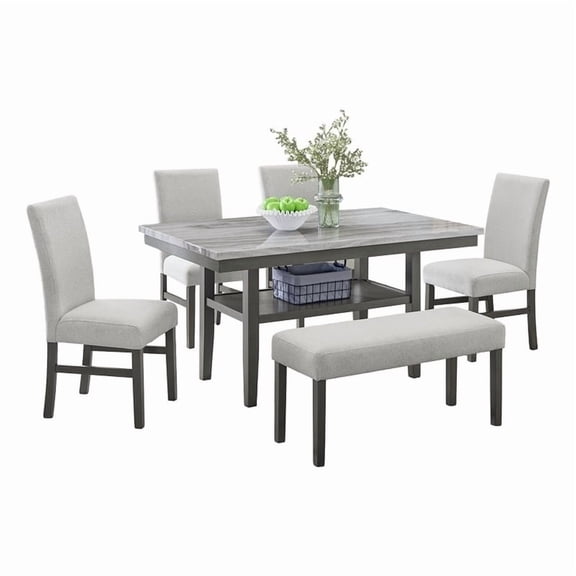 Selena 6Pc 60" Rectangular Gray Faux Marble Wood Dining Set w/4 Chairs & Bench