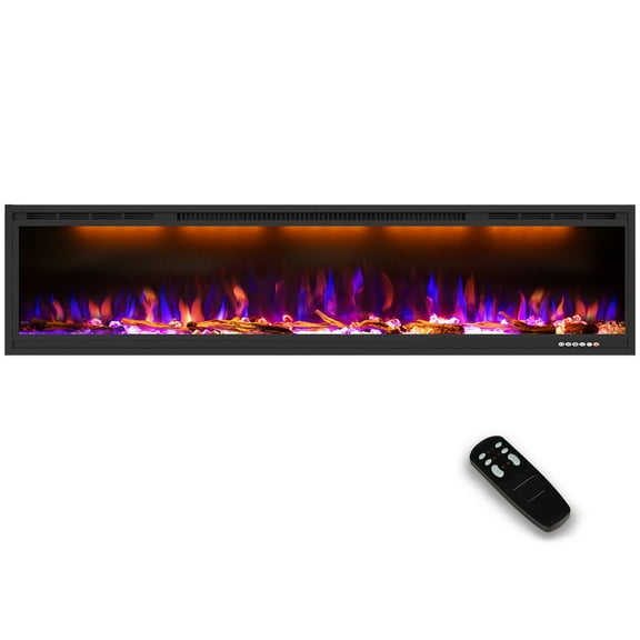 VINEMOUNT 74" Electric Fireplace, Recessed & Wall Mounted Fireplace Heater with Logs, Realistic Colorful Flame with 3*3 Combination for Home Decor, Overheating Protection, 750/1500W, Timer, Black