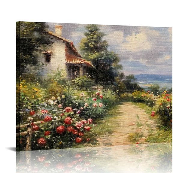 Acheng Framed Canvas Wall Art for bathroom living room decor, Garden Bungalow Wall Art Prints,  Bathroom Decor Wall Art Vintage Wall Decor Bathroom Decor 20x16in