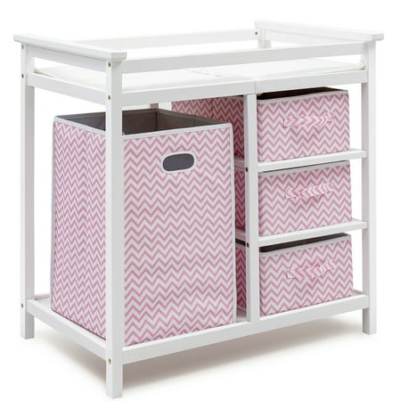 Costway Pink Infant Baby Changing Table w/3 Basket Hamper Diaper Storage