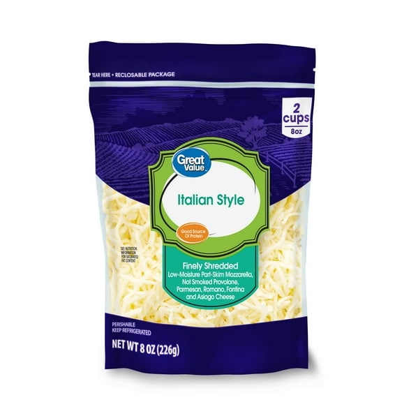 Great Value Italian Style Finely Shredded Cheese, 8 oz Bag