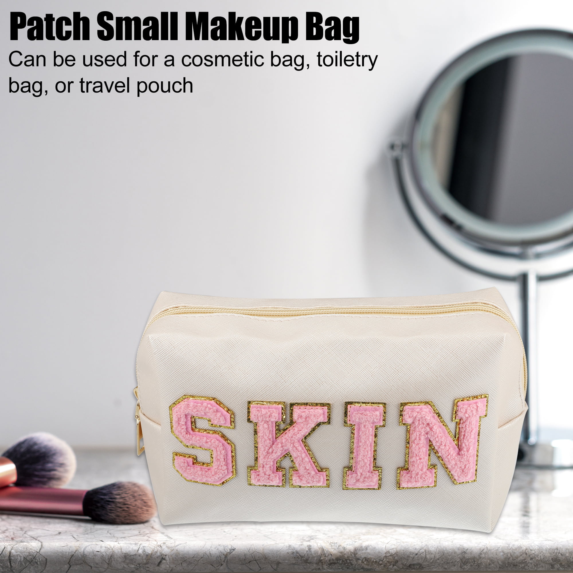 Unique Bargains Patch Small Makeup Bag Alphabet Pattern Toiletry Bag Travel  Cosmetic Organizer for Women Daily Use Beige
