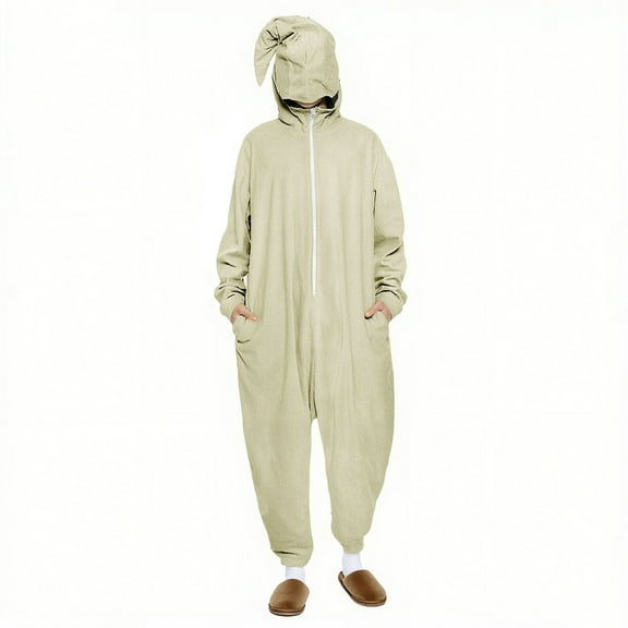 FAWUUDO Onesie Adult Unisex Christmas Zipper Pajamas Animals One Piece Homewear for Women Men Beige