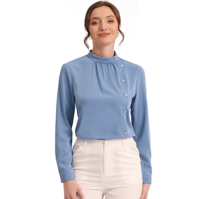 Blusa elegante de manga larga para oficina y trabajo con cuello levantado para mujer Gris Azulado XS