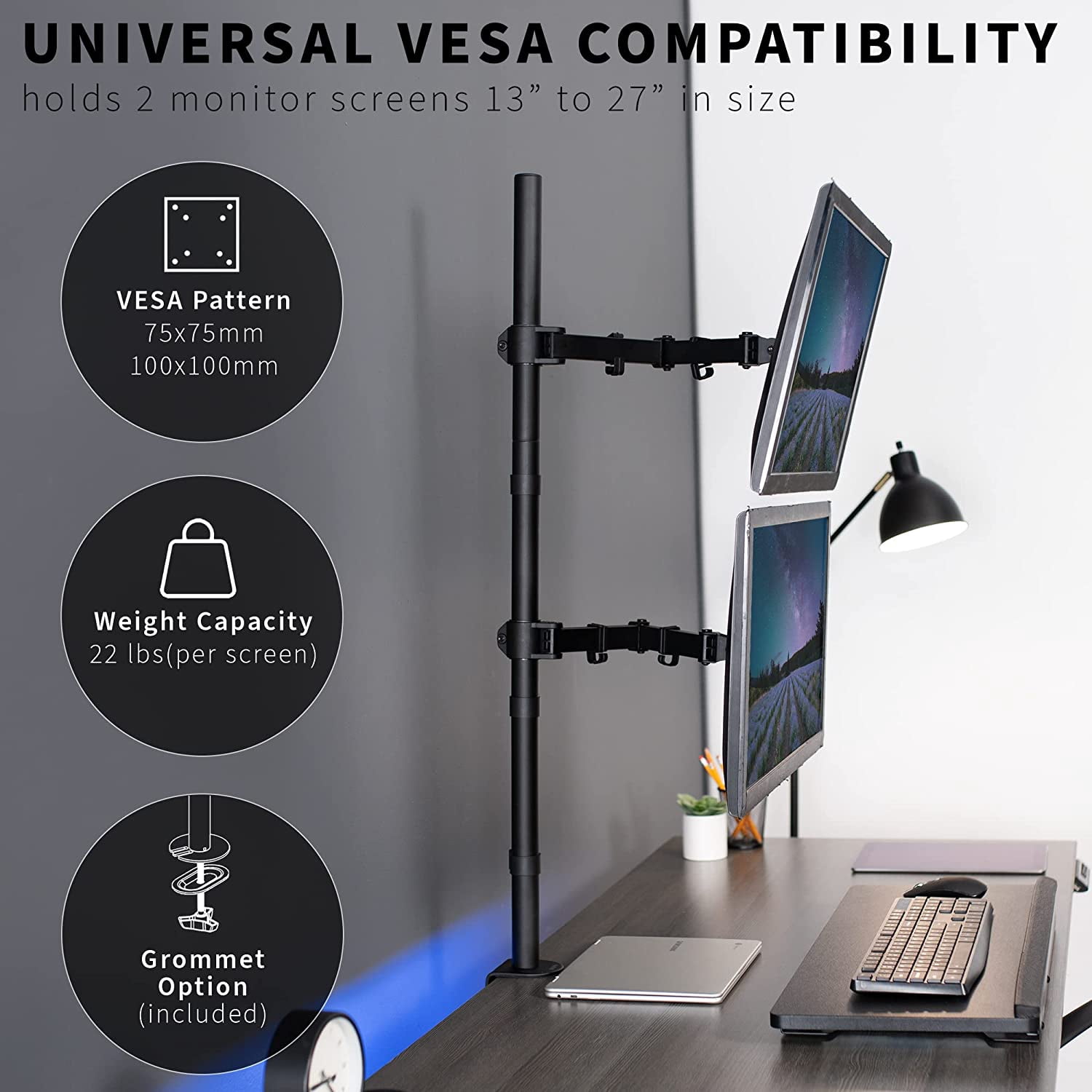 Tall Vertically Stacked Dual Monitor Desk Mount Stand with 39 inch Stand- Pole, Fully Adjustable Extended Arms, Fits 2 Screens  to 27 inches, STAND-V012T