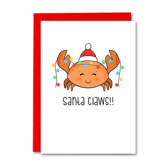 Funny Christmas Card Featuring Santa Claws Crab – Cheerful Design with Holiday Lights – Envelope Included, Blank Inside – Perfect Holiday Greeting Card
