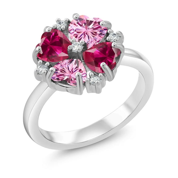 Gem Stone King 925 Sterling Silver Red Created Ruby and Pink Moissanite Ring for Women (2.28 Cttw, Heart Shape 5MM, Gemstone July Birthstone, Size 6)