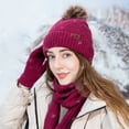thumbnail image 2 of UTSJKR Winter Scarf Hat Glove Set Rhombus Knitted Beanie Hat with Pom Pom Long Scarf Touch Screen Gloves Warm Soft Wool Wine, 2 of 3