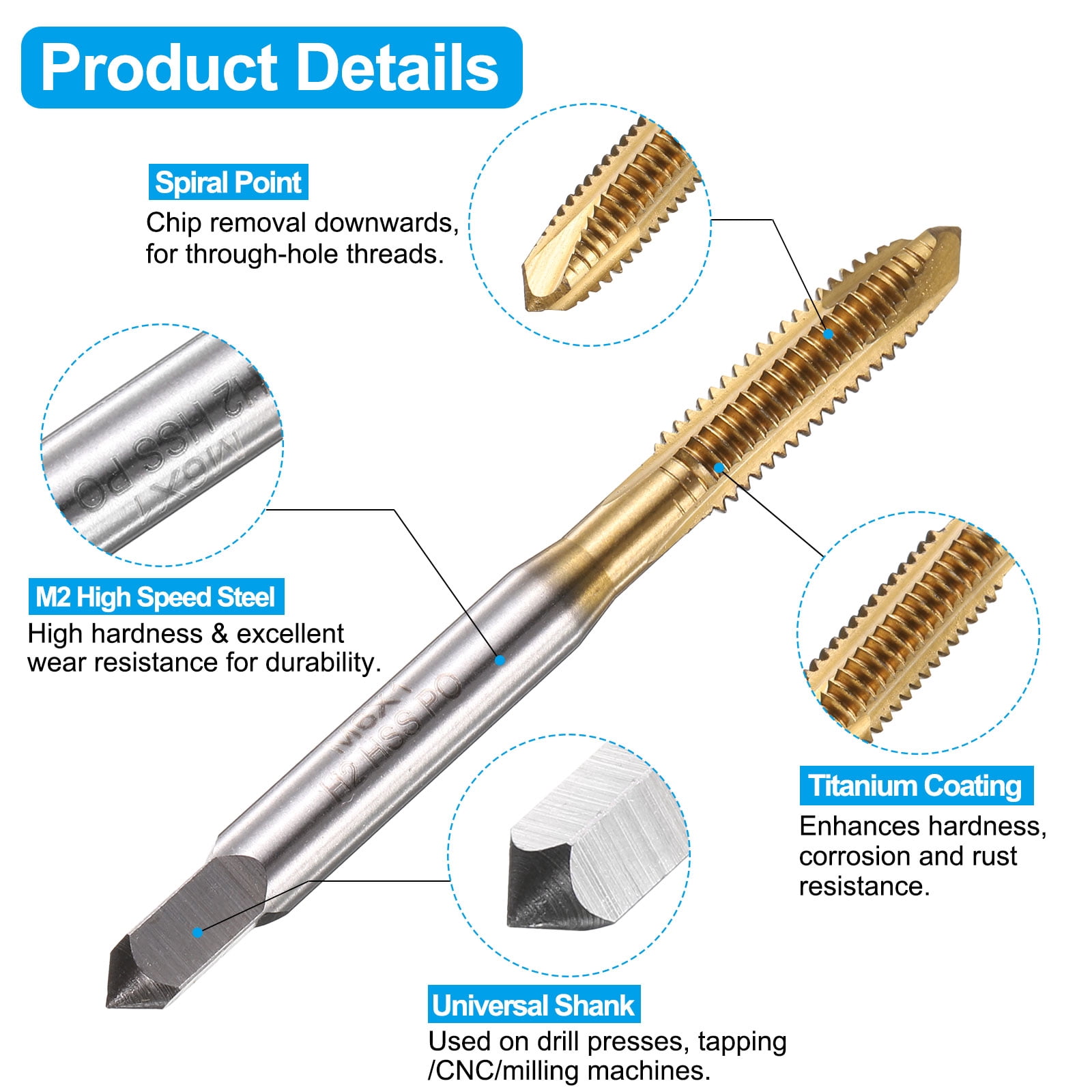 Uxcell Tap and Drill Bit Set, 3pcs M6 x 1 Metric Spiral Point Thread Screw Taps & 3pcs 5.0mm Twist Drill Bits, Titanium Coated HSS-6542 Tapping Threading Tool Kit