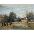 thumbnail image 2 of Jean-Baptiste-Camille Corot 18x14 Black Ornate Wood Framed Double Matted Museum Art Print Titled - Luzancy, Small Peasant Houses by the Water, 2 of 5