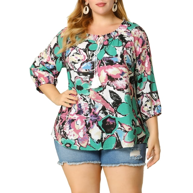 GRACE & GRANDEUR Blouse Colorée à Fleurs pour Femme Grande Taille, Col à Nouer, Manches 3/4, 2X Vert