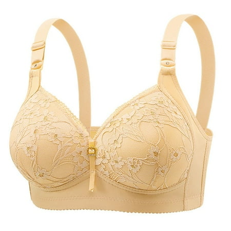 QYZEU Bra for Women Flower Lace Embroidery Full Coverage Sleep Bras Push Up Seamless Bralettes Wireless Soft Comfort Support Everyday Bras Beige 46