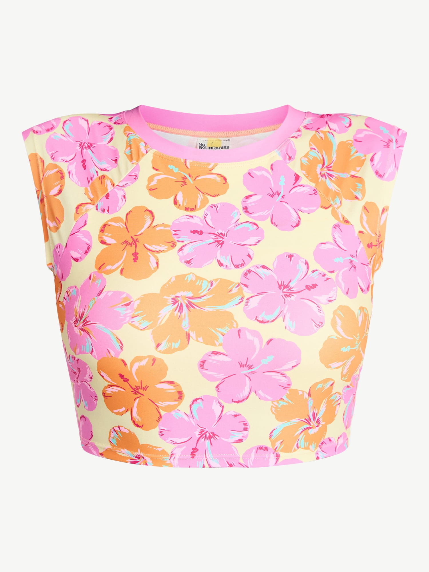 No Boundaries Hilo Hibiscus Rashguard Crop Top with Short Sleeves, Women's XXS-XXL