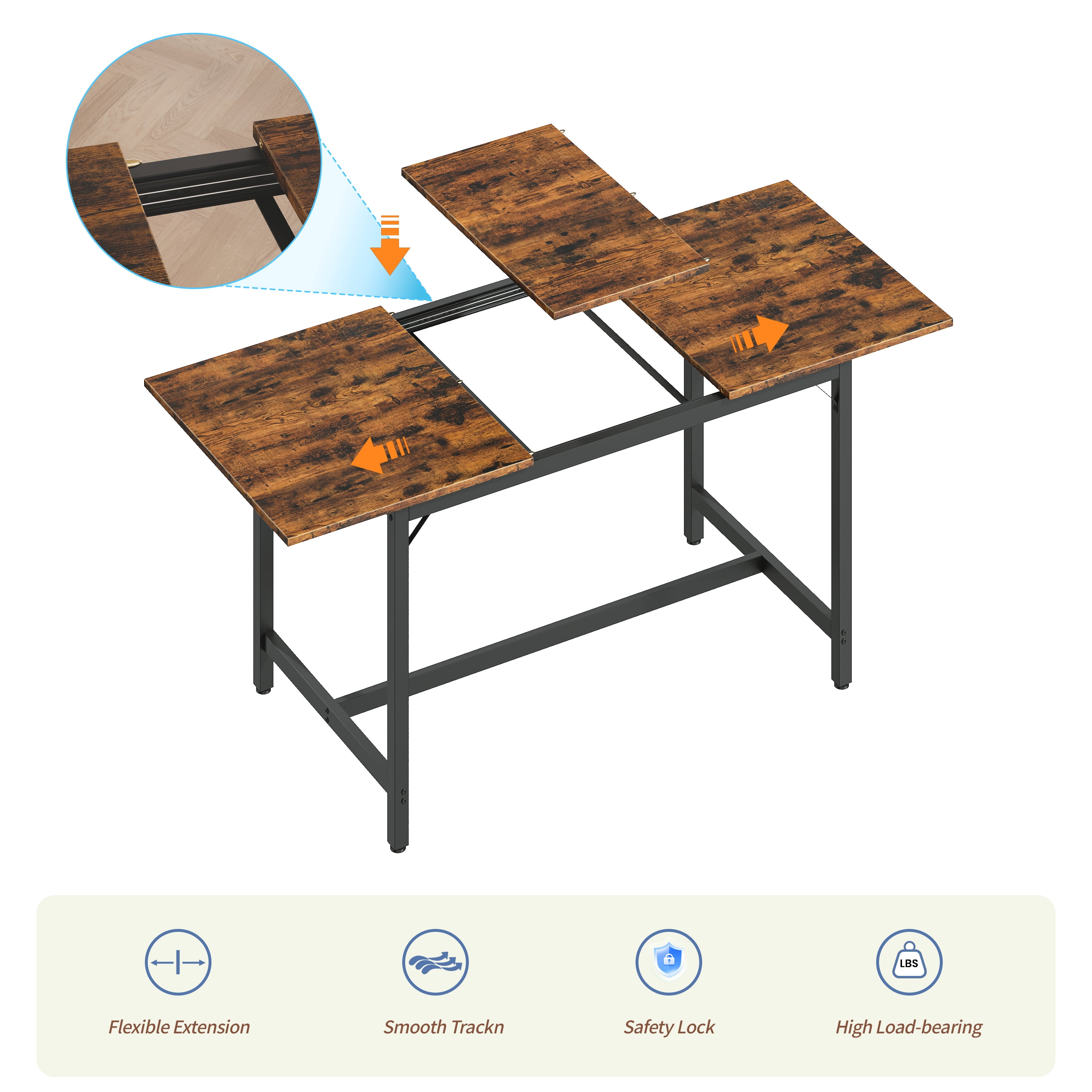 Aukfa 63" Extendable Dining Table Set for 4-8, 3-Piece Kitchen Table Set with 2 Benches & 2 Stools, Space Saving Wood Table & Metal Frame,Brown