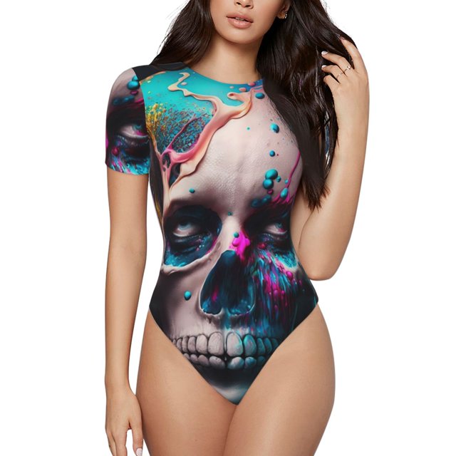 Fotbe Modern Abstract Colorful Skull B Body de Mujer con Cuello Redondo y Mangas Cortas, Sin Mangas Ajustado, Suave, Cómodo y Básico-Large