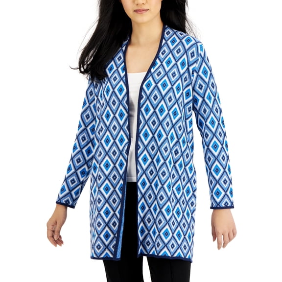 Kasper Open Front Piping Detail Diamond Jacquard Cardigan-BLUE RIBBON COMBO / XS