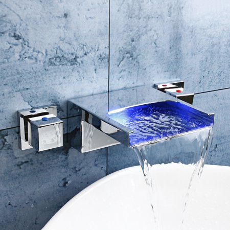 Led Lighted Waterfall Bathroom Sink Faucet Wall Mounted Mixer Tap