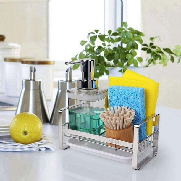 Porta Paños para Fregadero | Organizador de Cocina Ahorra Espacio de Acero Inoxidable para Jabón de Manos, Esponjas y Utensilios | Estante Compacto Antióxido con Cubeta Removible | 7.2x4x3.5in