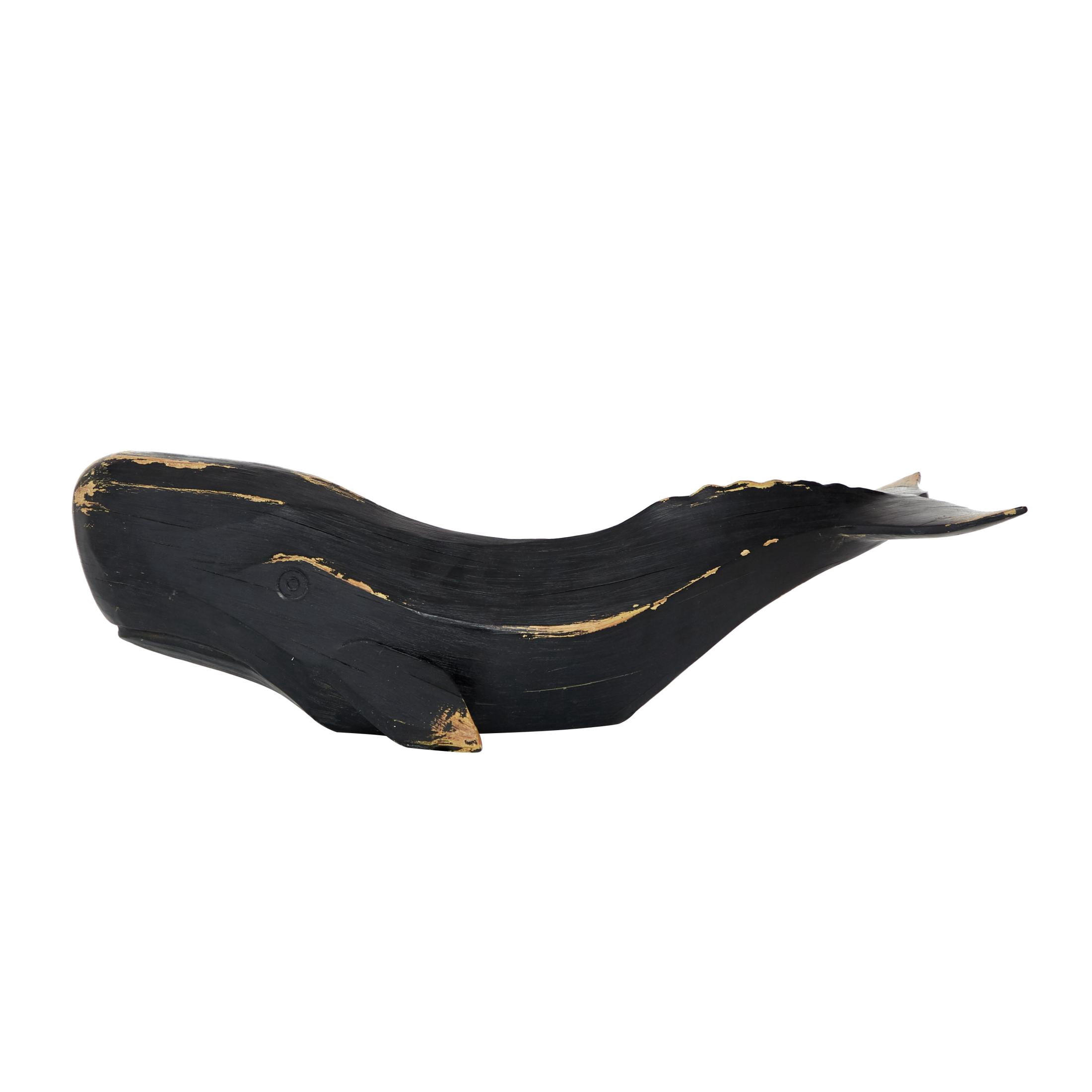 24" x 7" Black Polystone Handmade Whale Sculpture, by DecMode