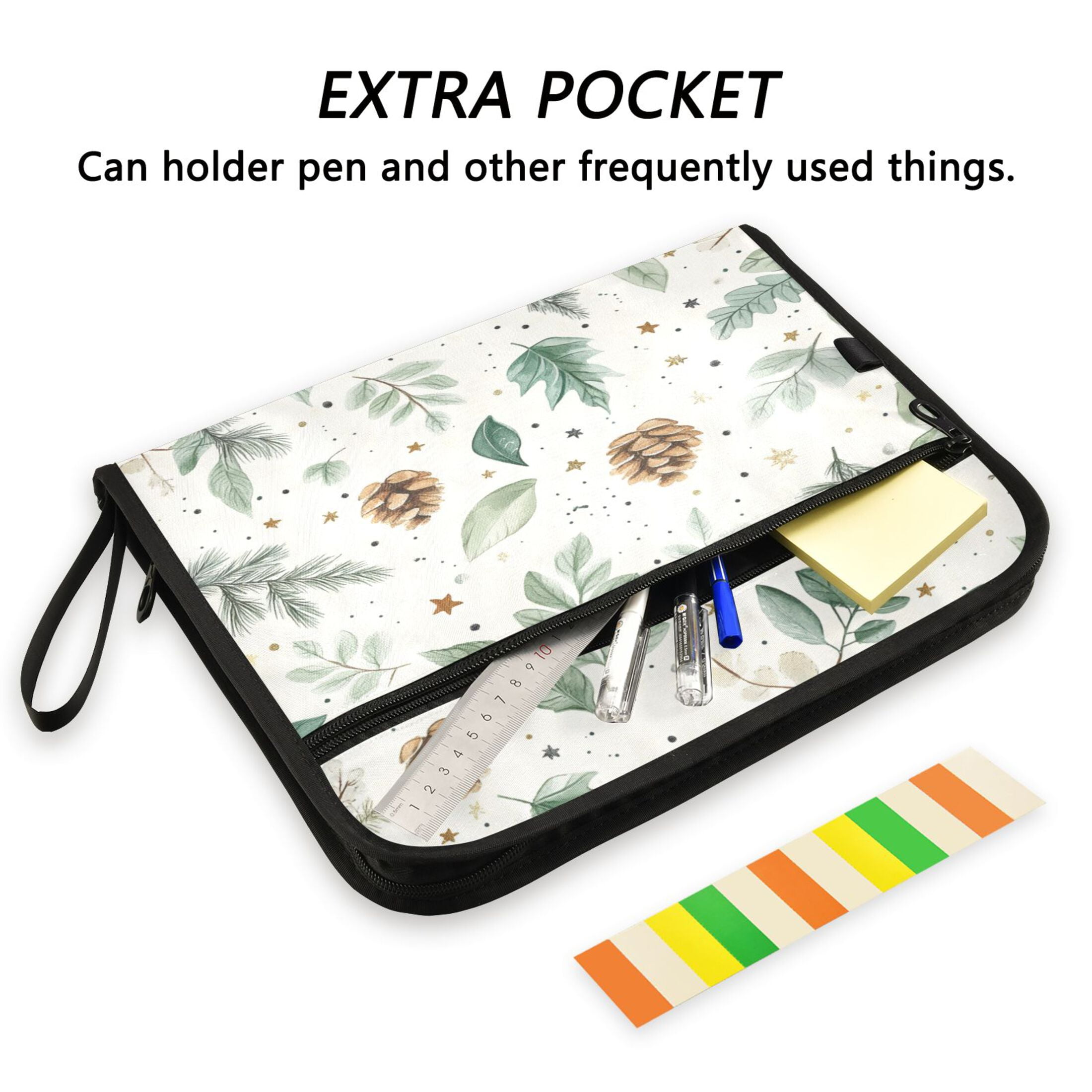 Accordion File Organizer with Zip Closure 13 Pockets Expanding File Folder Letter A4 Paper Document Organizer for Home Office Green Leaves and Pine Cones