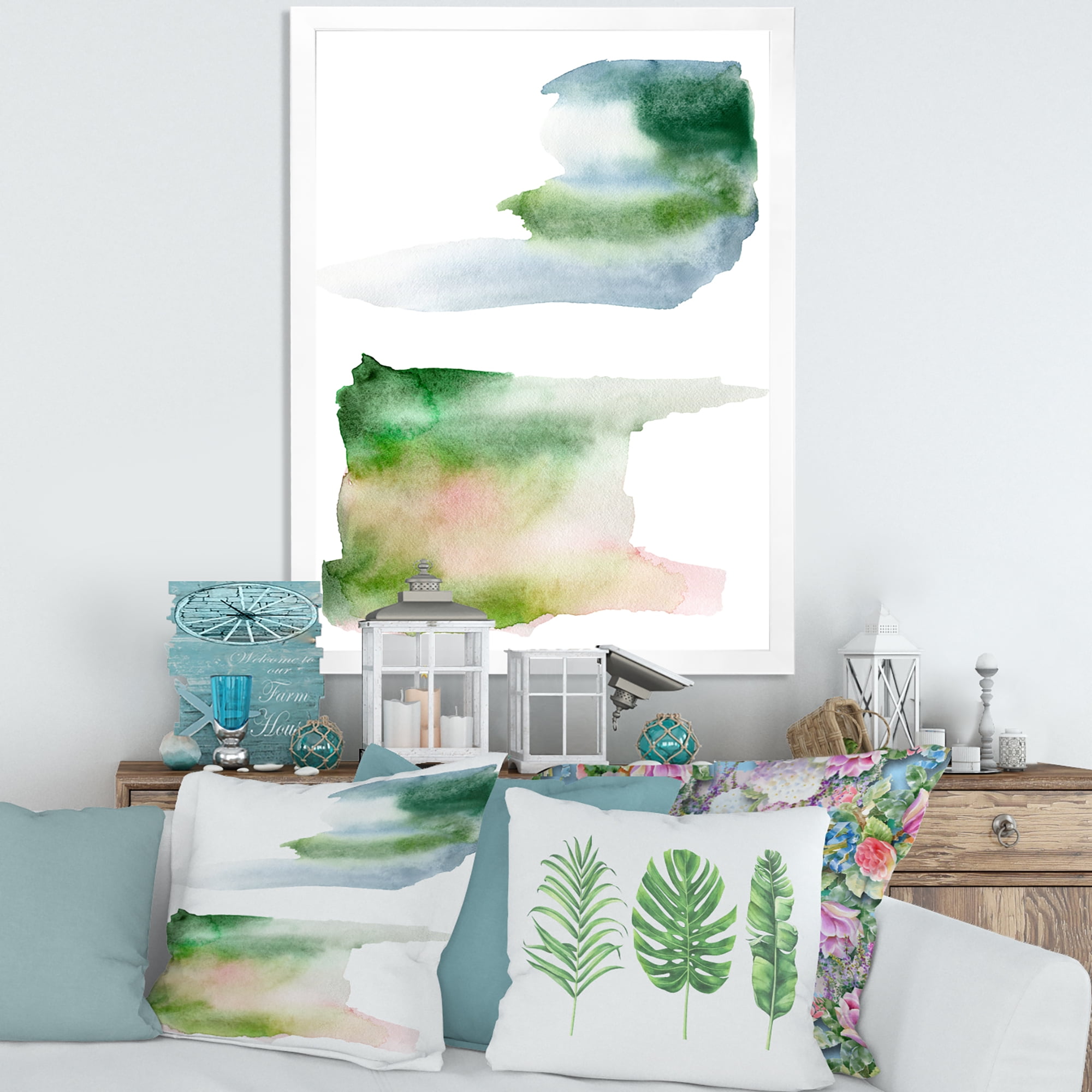 Designart 'Blue Green and Pink Spots Clouds' Modern Framed Art Print