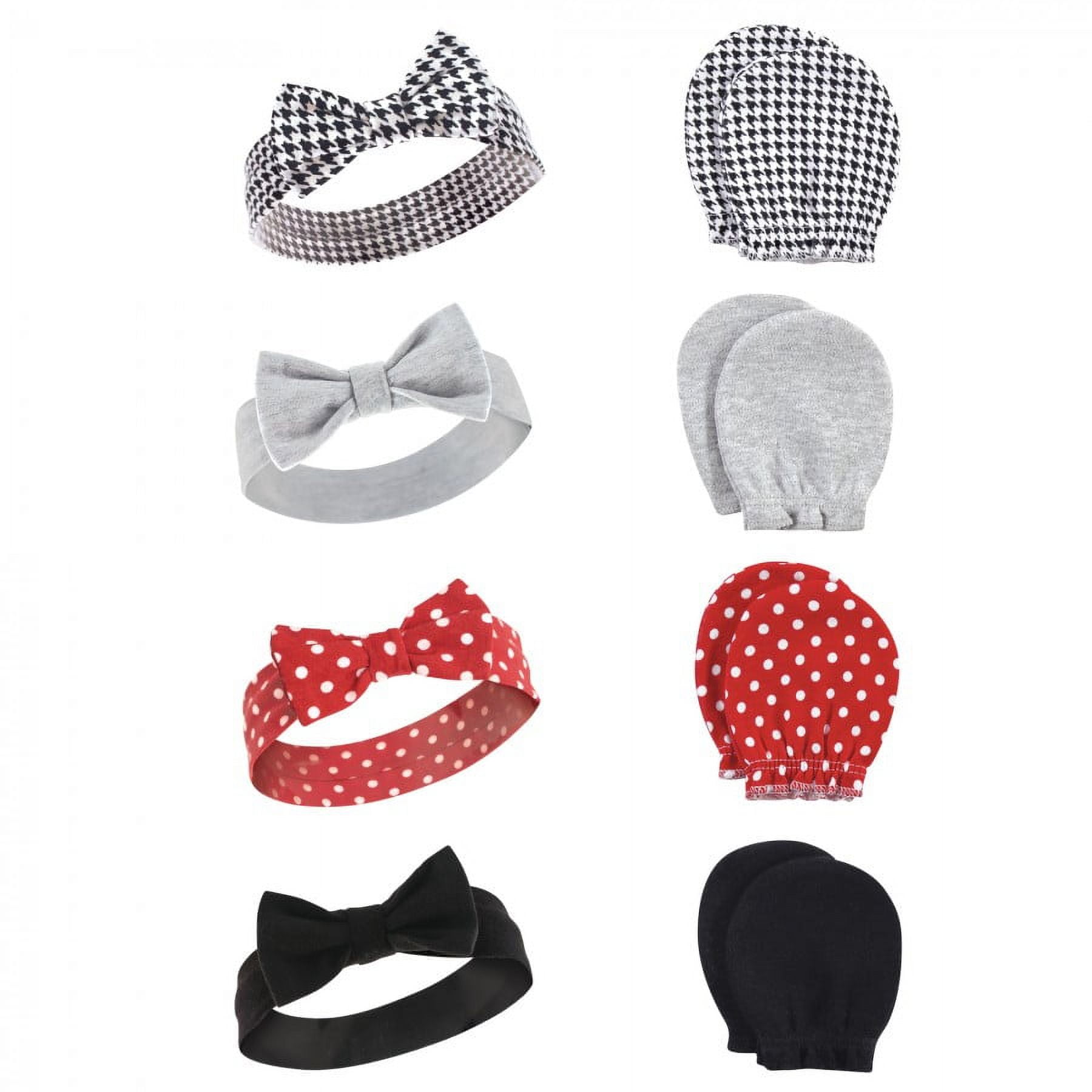 Hudson Baby Infant Girl 16Pc Cotton Headband and Scratch Mitten Set, Black Xoxo Houndstooth, 0-6 Months